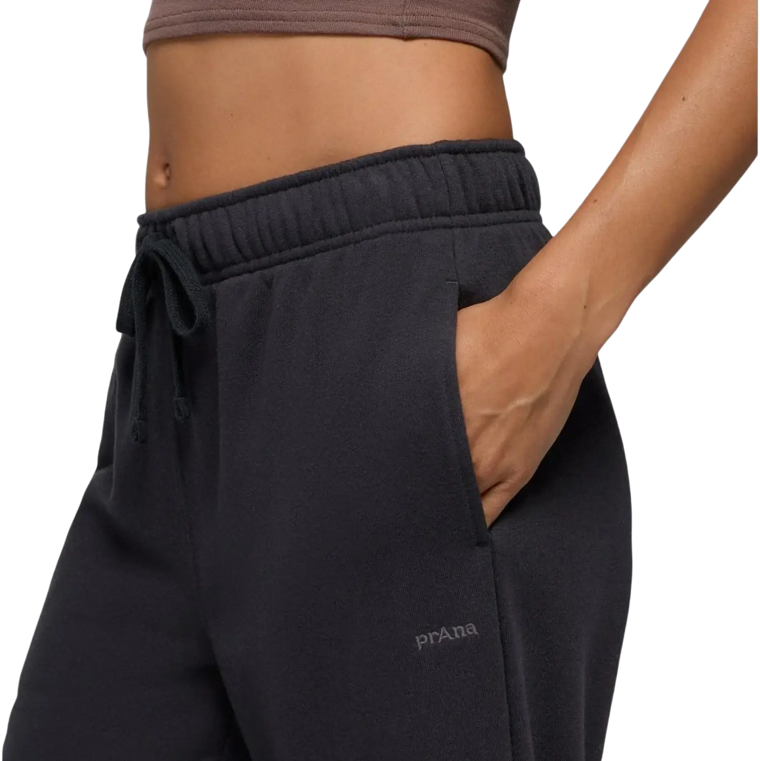 PrAna Women's prAna Fleece Sweatpant in black, on model pocket detail view