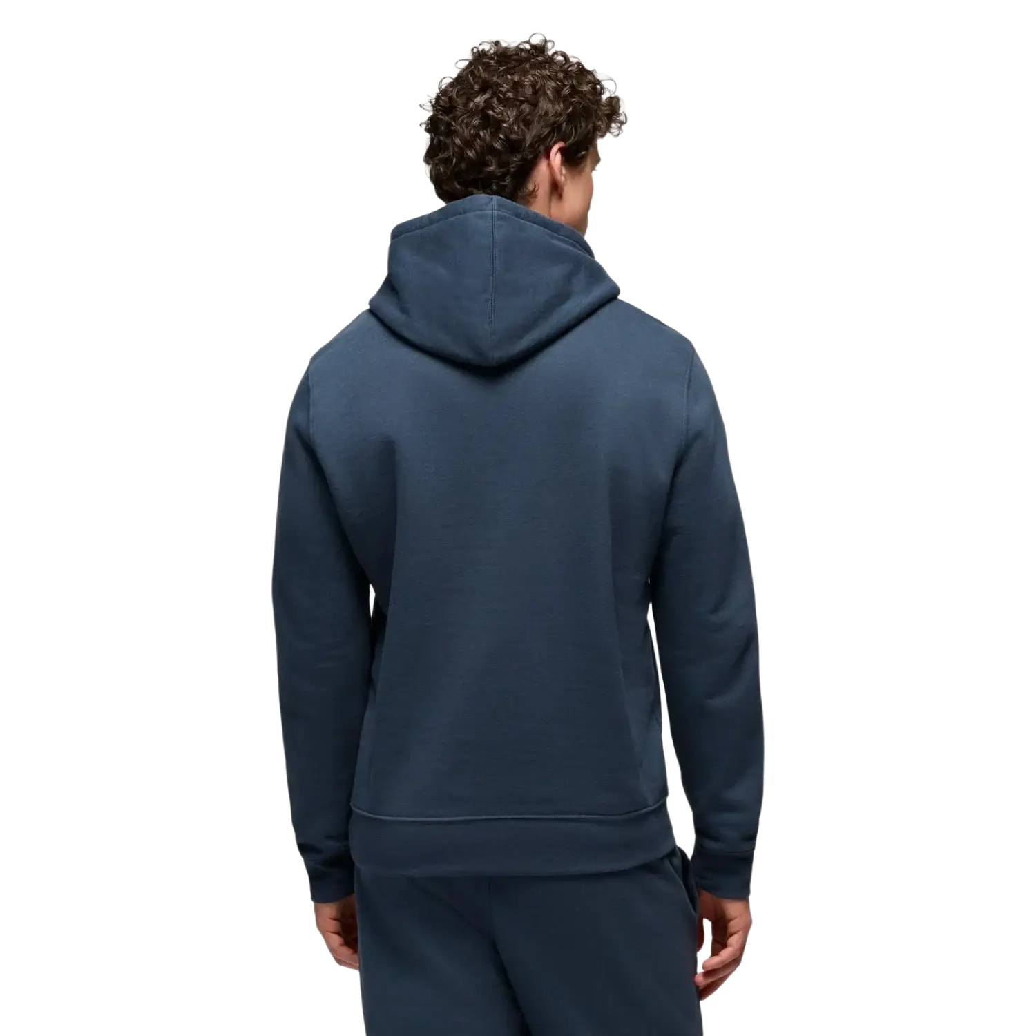 PrAna Men's Fleece Hoodie in stormy night, on model back view