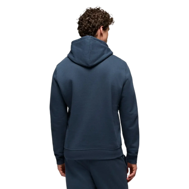 PrAna Men's Fleece Hoodie in stormy night, on model back view