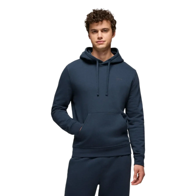 PrAna Men's Fleece Hoodie in stormy night, on model front view