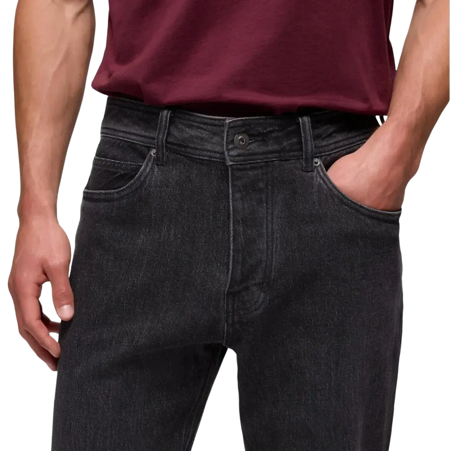 PrAna Men's Carlsbad 760 Standard Jean in black sand, on model front pocket detail