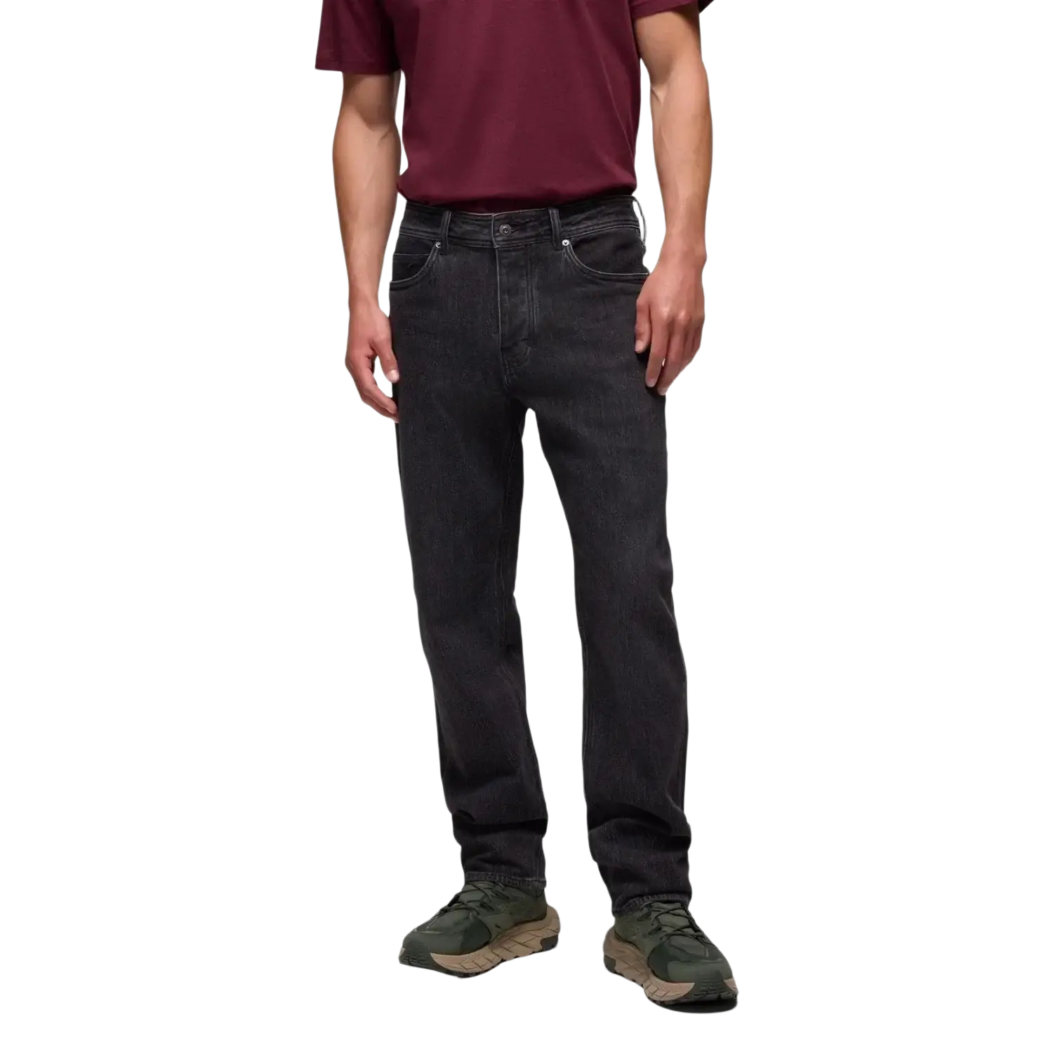 PrAna Men's Carlsbad 760 Standard Jean in black sand, on model front