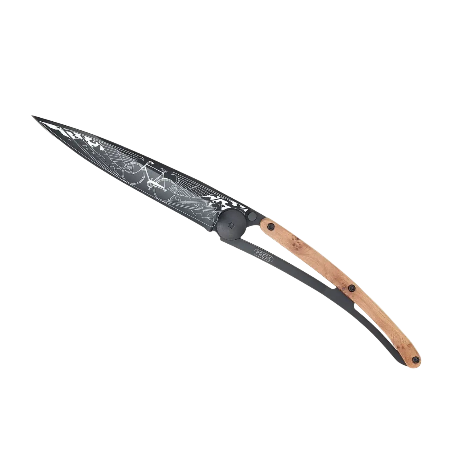 Deejo Bicycle Knife 37g in juniper wood, open side view