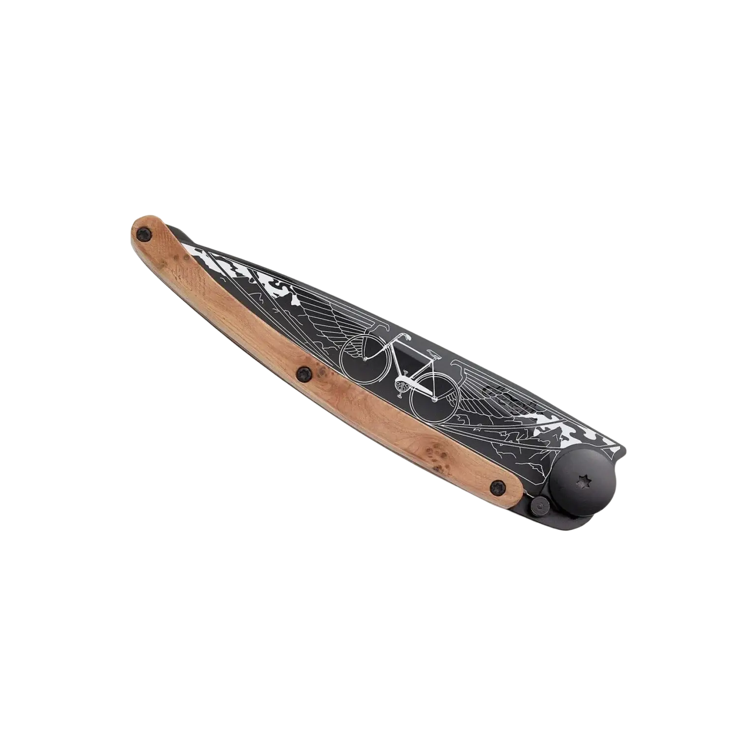 Deejo Bicycle Knife 37g in juniper wood, closed side view