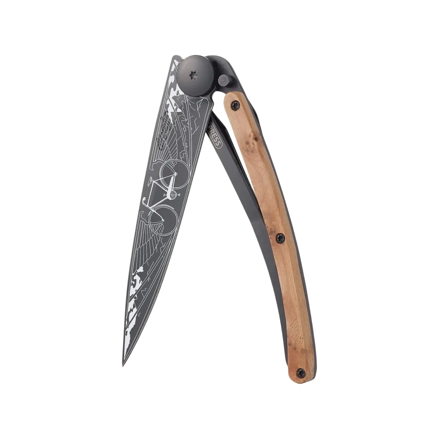 Deejo Bicycle Knife 37g in juniper wood, folded side view