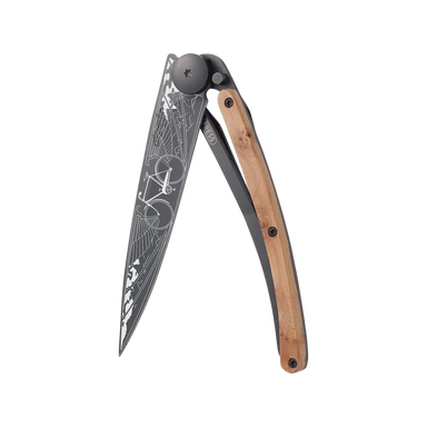 Deejo Bicycle Knife 37g in juniper wood, folded side view