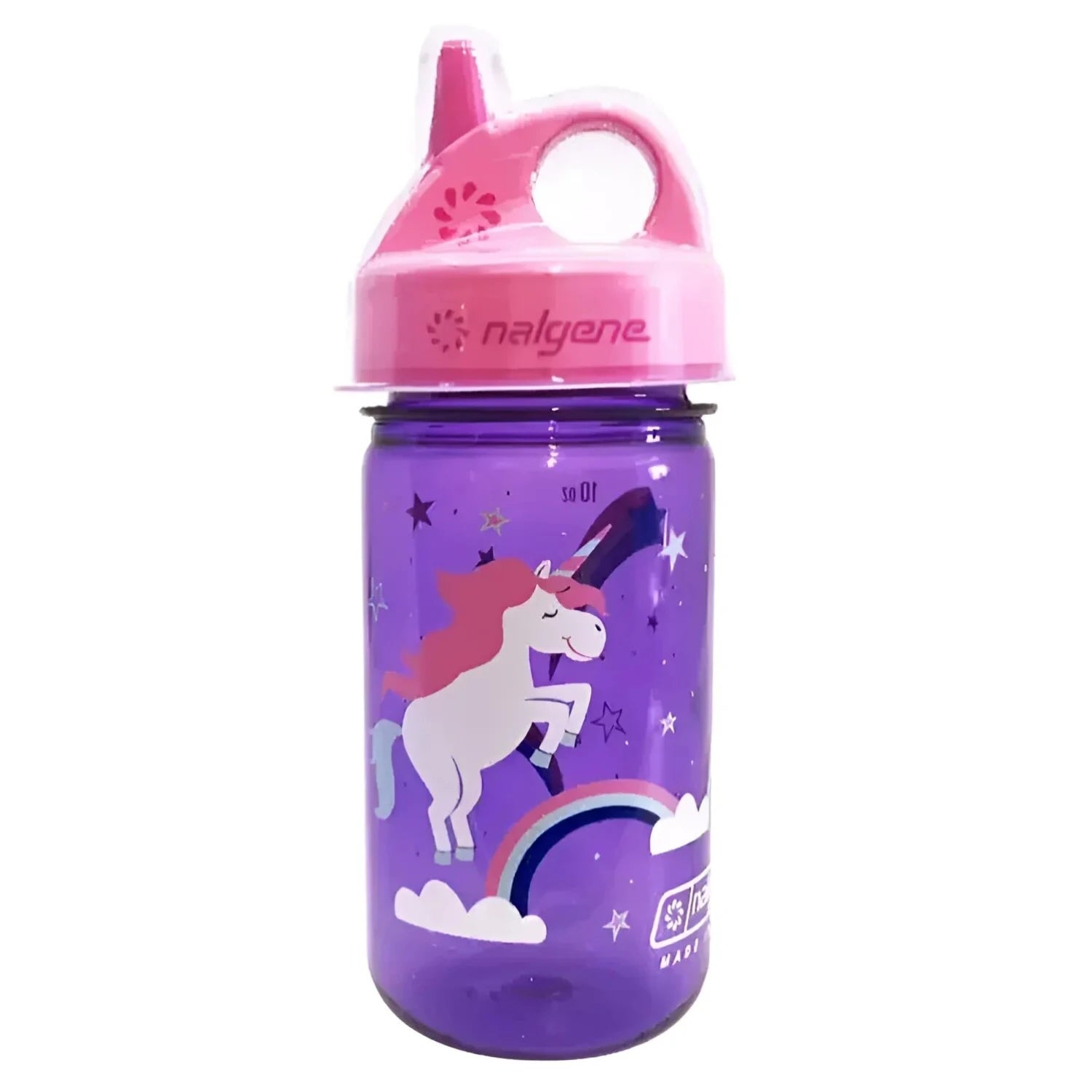 Nalgene Kid's Grip N Gulp 12oz Water Bottle in purple unicorns, side view