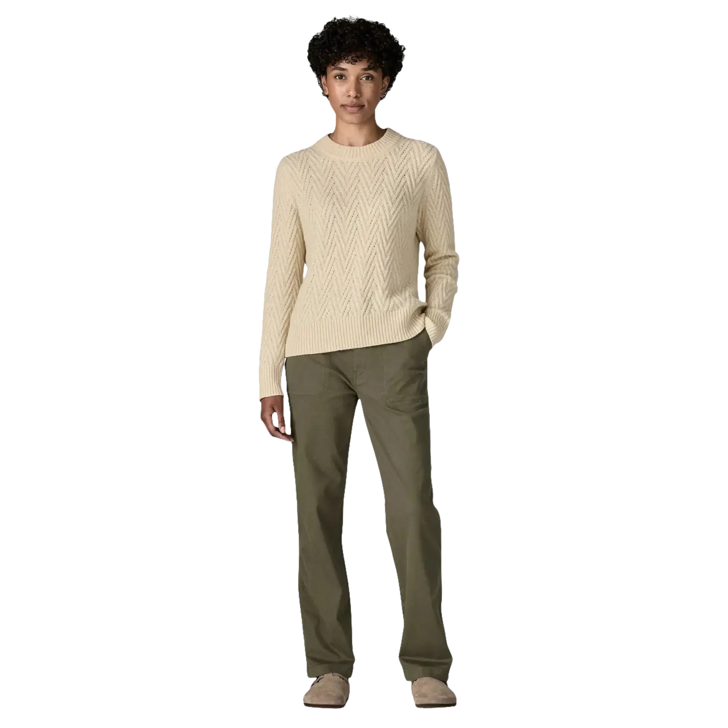 Patagonia Women's Utility Pants in basin green, on model front full body view 