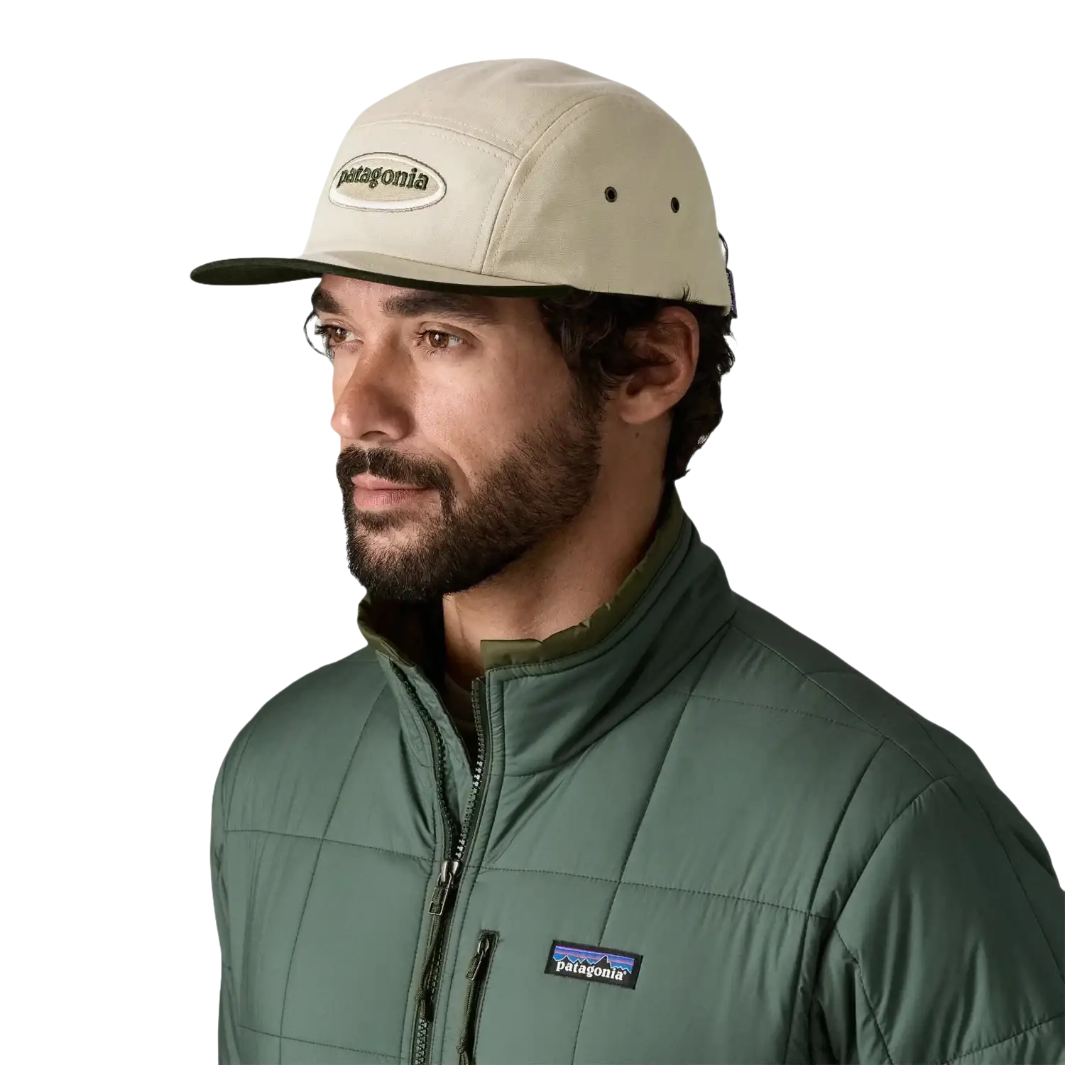 Patagonia Graphic Maclure Hat in oval logo & pumice, model front view