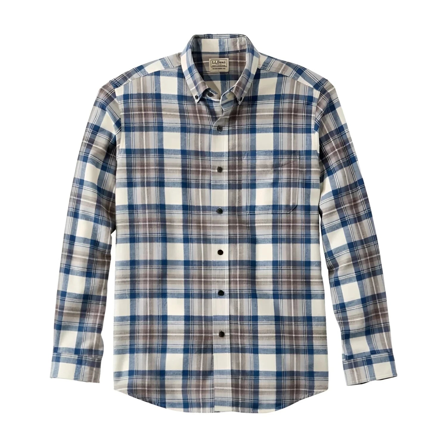 L.L. Bean M's Scotch Plaid Flannel Shirt, Traditional Fit in indigo tartan, flat front view