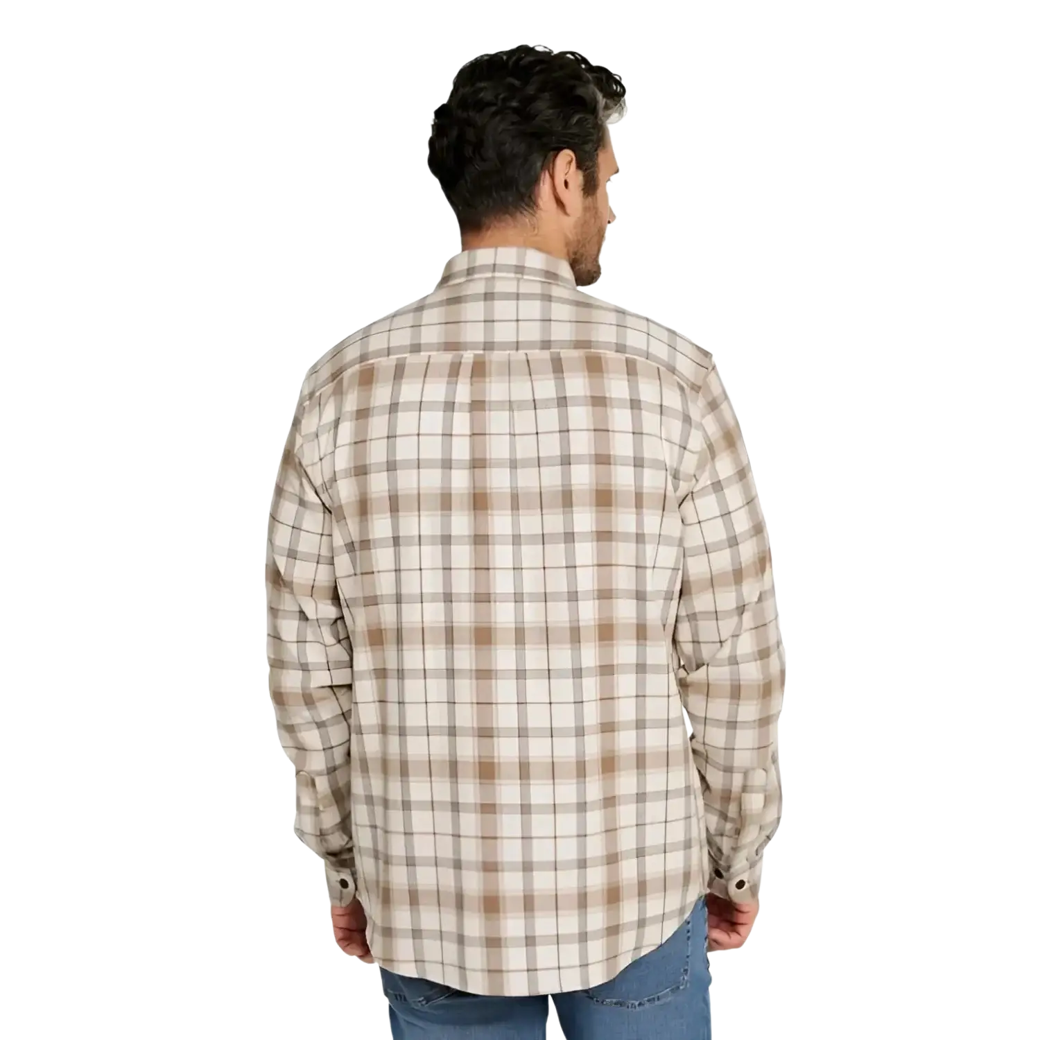 L.L. Bean M's Scotch Plaid Flannel Shirt, Traditional Fit in bean of freeport natural, on model back view