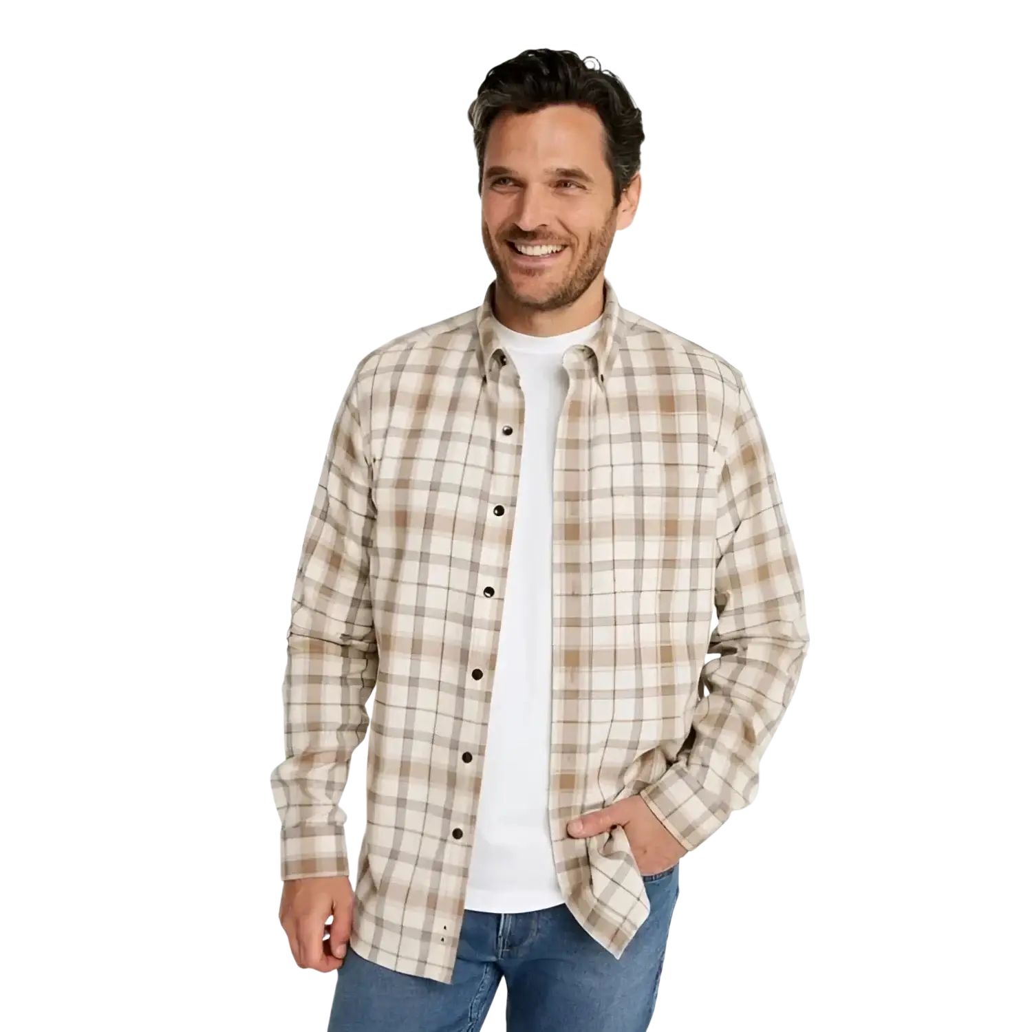 L.L. Bean M's Scotch Plaid Flannel Shirt, Traditional Fit in bean of freeport natural, on model front view