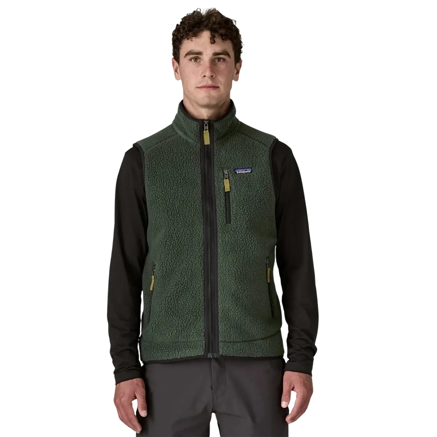 Patagonia Men's Retro Pile Fleece Vest in old growth green, on model front view