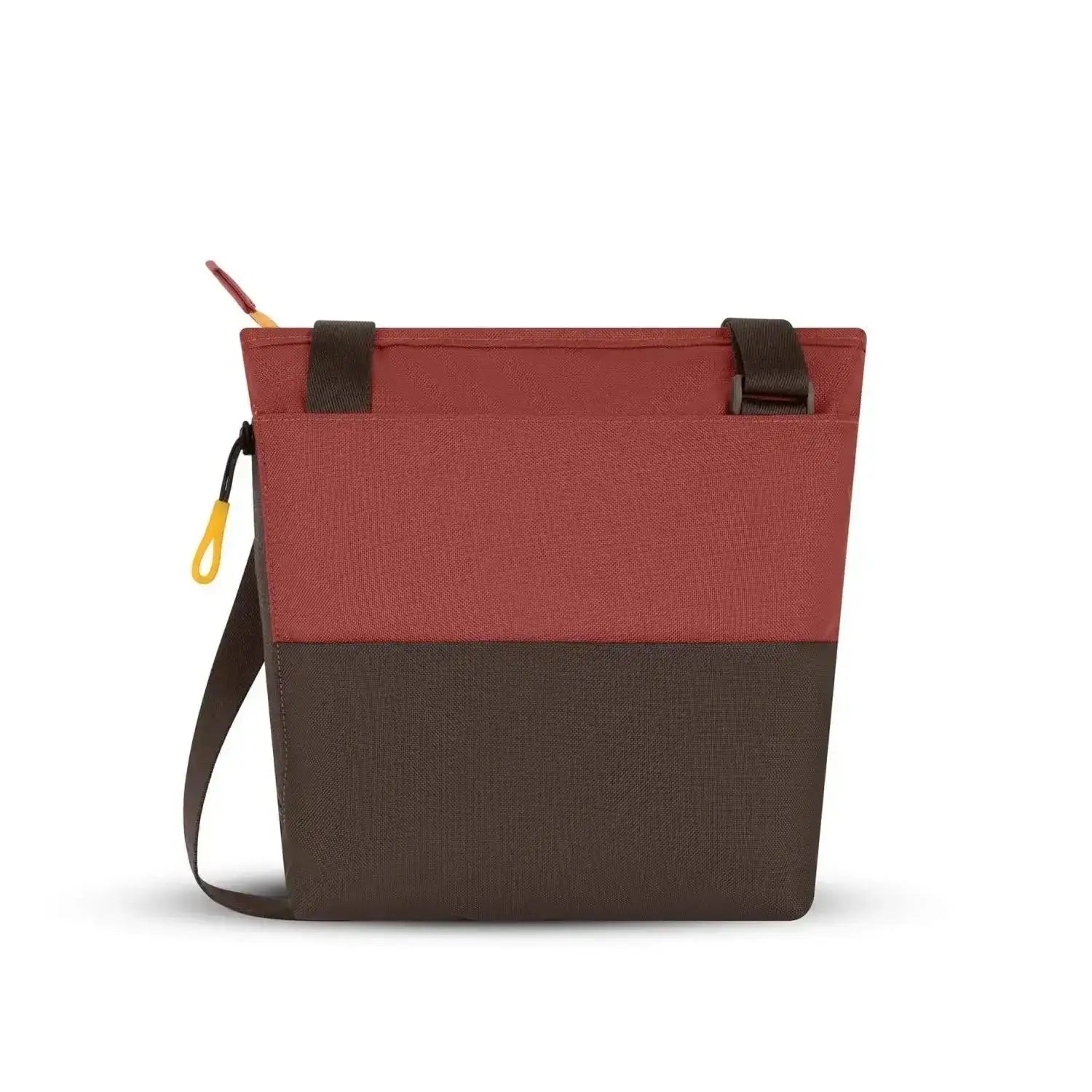 Sherpani Sadie bag. A view of the back with cider red top half and dark brown bottom half; dark brown handles and crossbody strap.