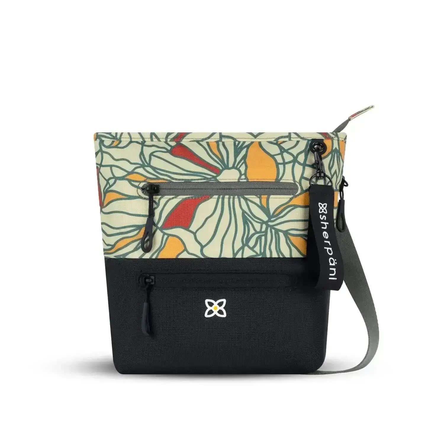 Sherpani Sadie bag in Fiori with geometric print top (grey lines, with dark pink and yellow flower) and black bottom half. Front view.