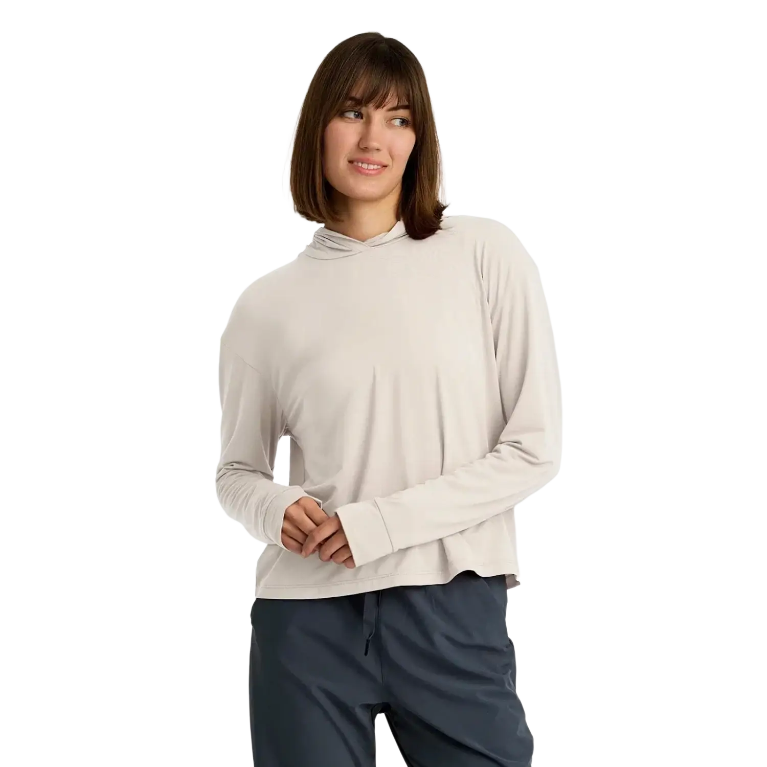 Free Fly Apparel Women's Elevate Lightweight Hoodie in heather birch, on model front view