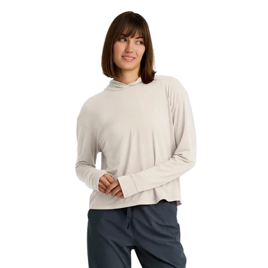 Free Fly Apparel Women's Elevate Lightweight Hoodie in heather birch, on model front view