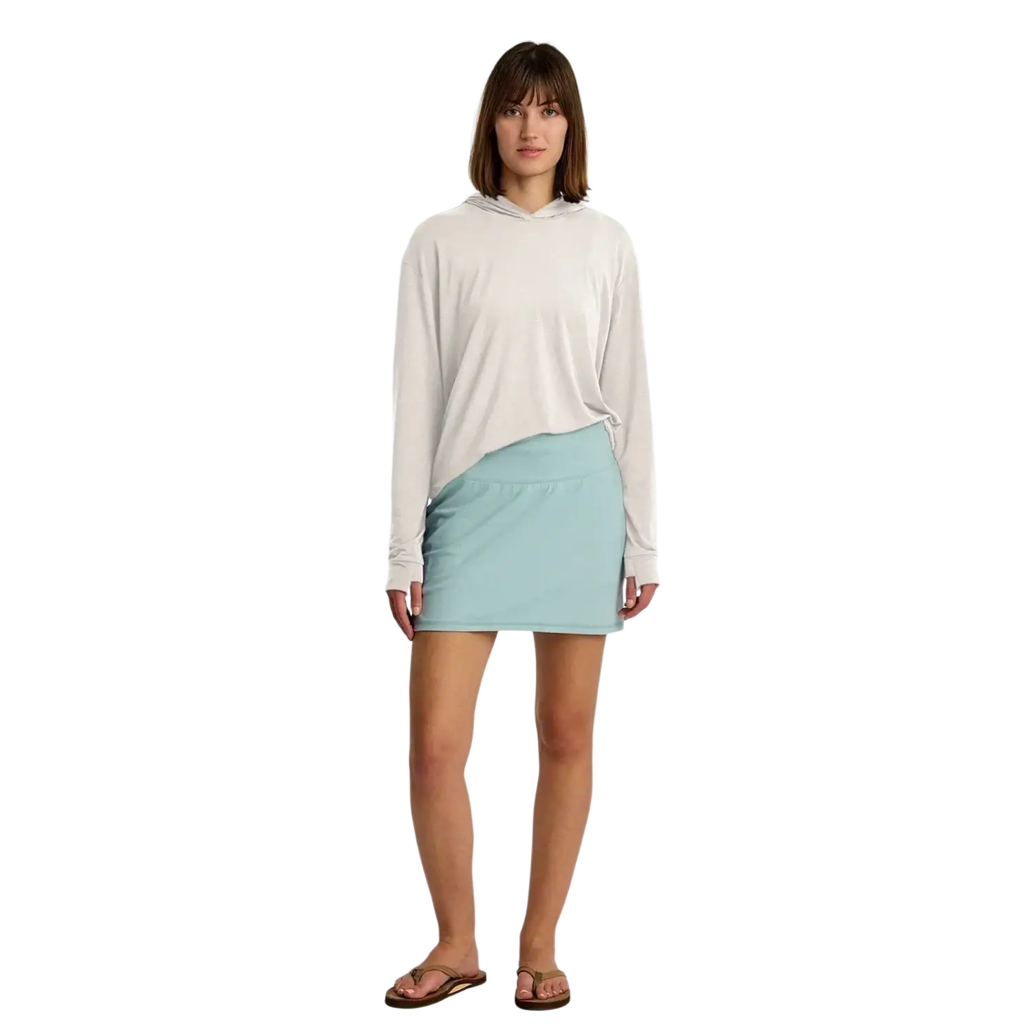 Free Fly Apparel Women's Elevate Lightweight Hoodie in heather birch, on model front full view