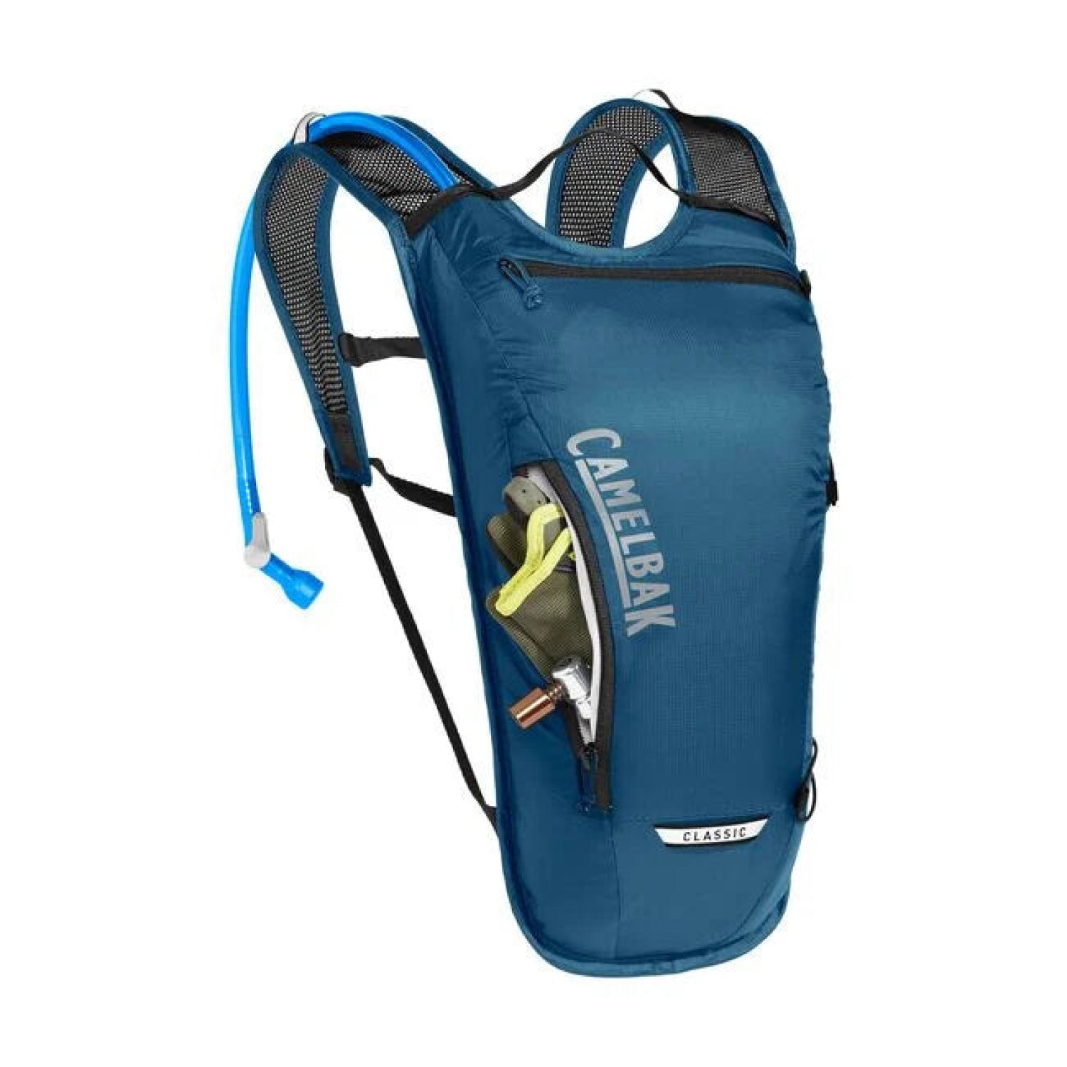 Camelbak Classic Light 70oz Hydration Pack in gibralter navy & black, front pocket stuffed