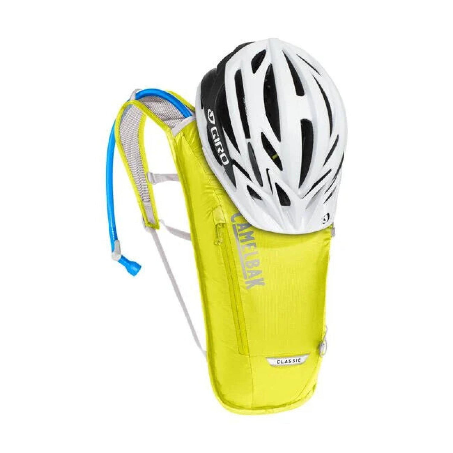 Camelbak Classic Light 70oz Hydration Pack in safety yellow & silver, front view with helmet attatched