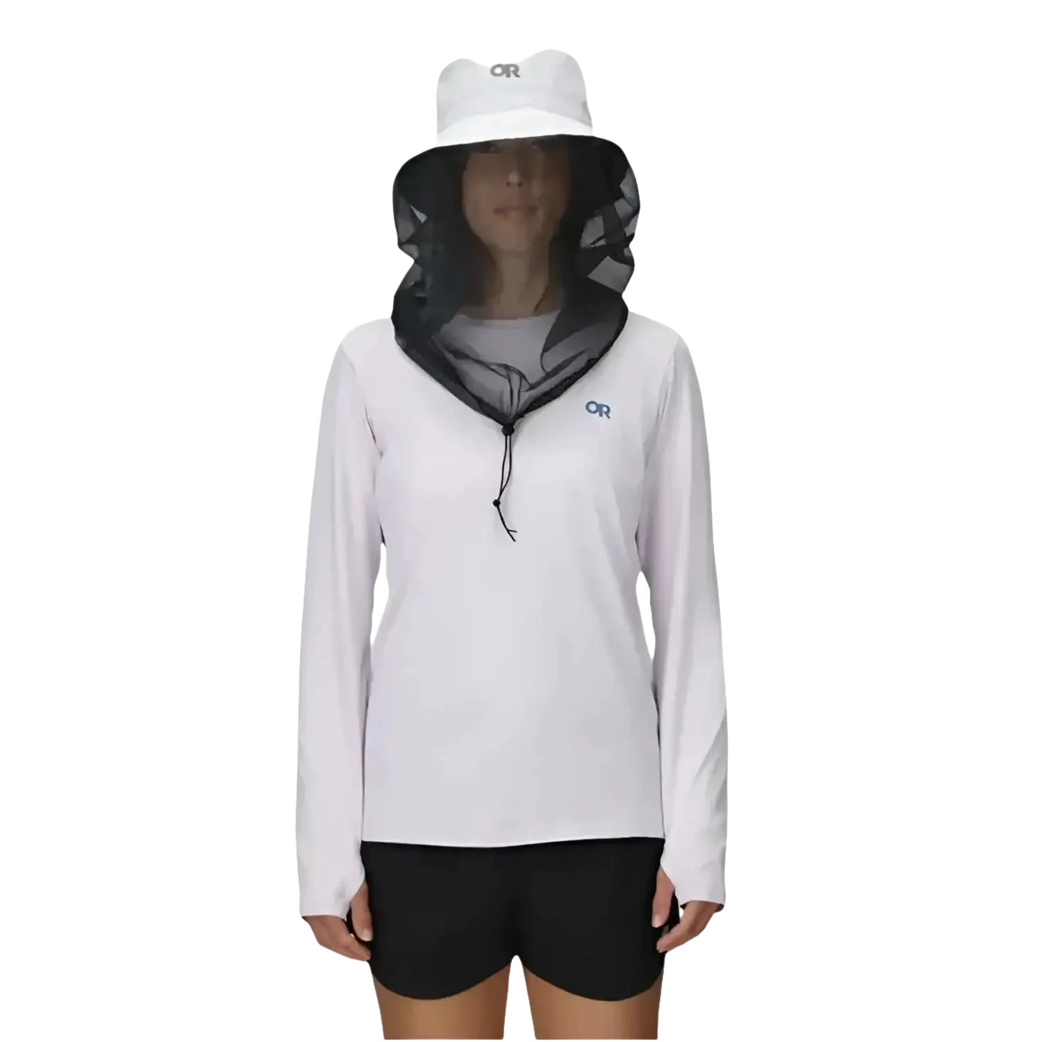 Outdoor Research Bug Bucket Hat in titanium, on model front view