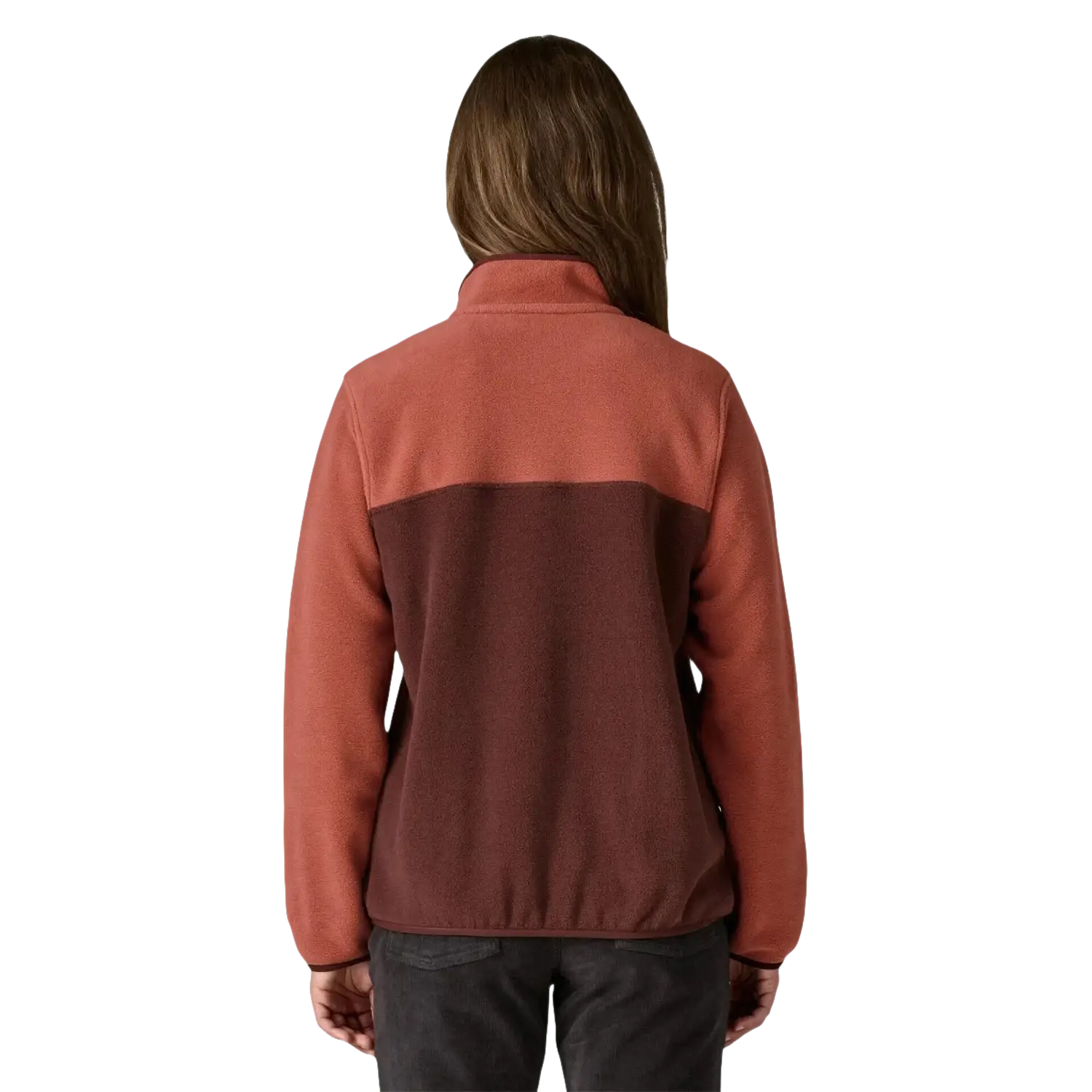 Patagonia Women's Lightweight Synchilla Snap-T Pullover in dark ruby, on model back view