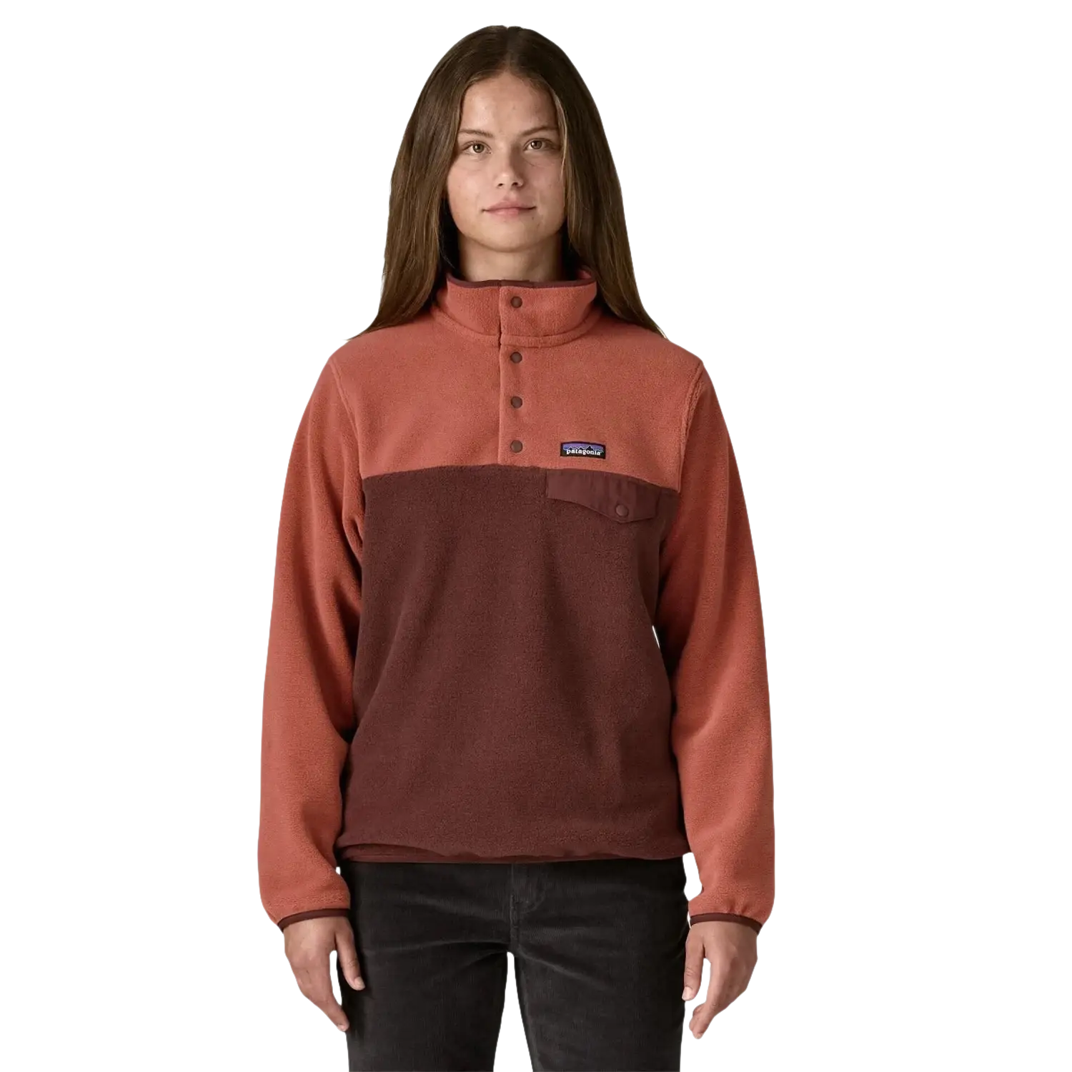 Patagonia Women's Lightweight Synchilla Snap-T Pullover in dark ruby, on model front view