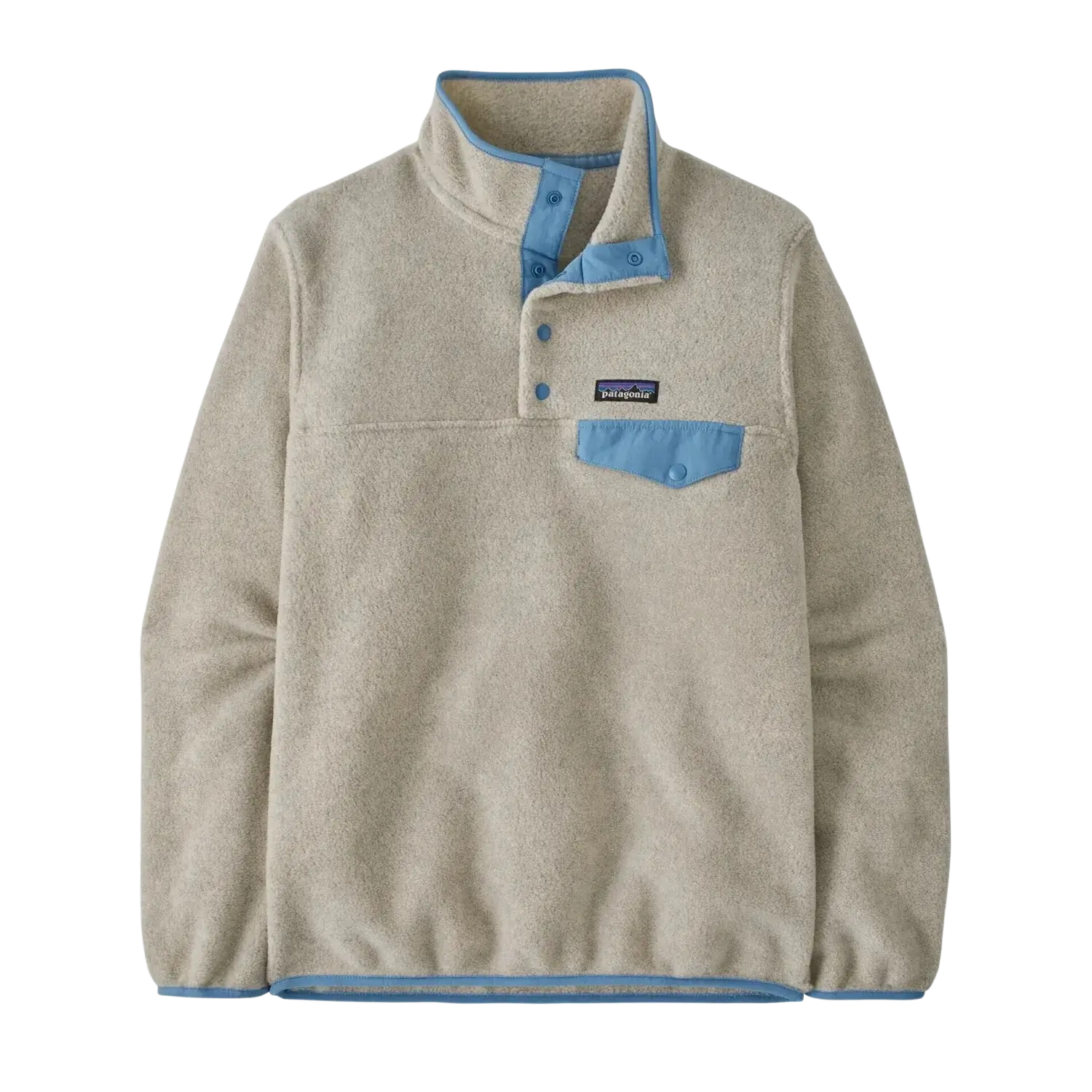 Patagonia Women's Lightweight Synchilla Snap-T Pullover in oatmeal heather and shore blue, front view