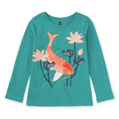 Tea Collection Girl's Carp & Lotus Graphic Tee in glaze blue, flat front view