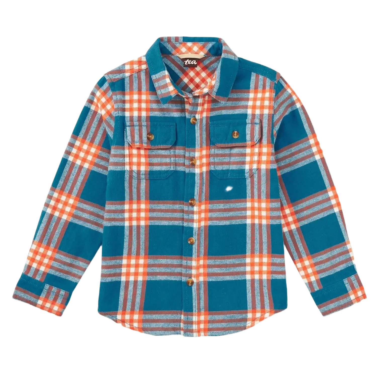 Tea Collection Big Boy's Flannel Button Up Shirt in blue plaid, flat front view