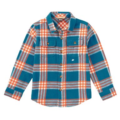 Tea Collection Big Boy's Flannel Button Up Shirt in blue plaid, flat front view