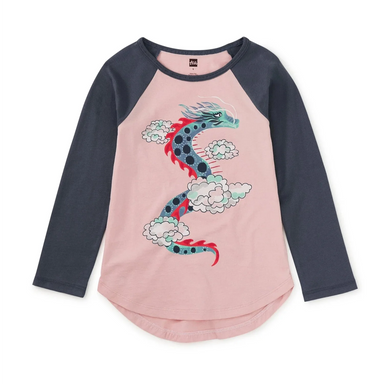 Tea collection girl's dragon graphic raglan tea in rosada, flat front view