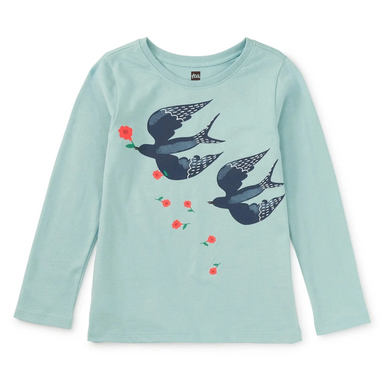 Tea Collection Girl's Magpies Graphic Tee in sterling blue, flat front