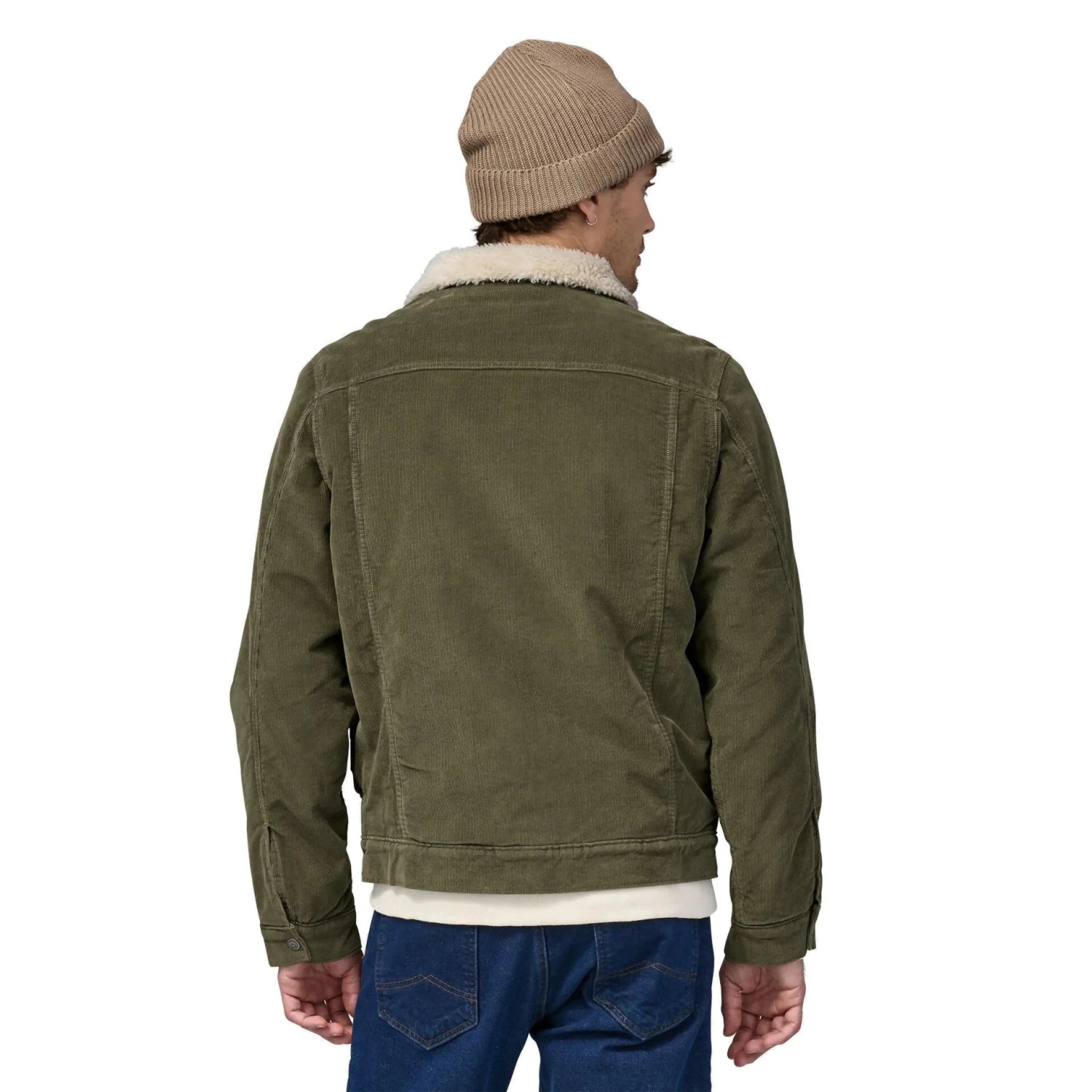 Patagonia Men's Pile-Lined Trucker Jacket in basin green, on model back view