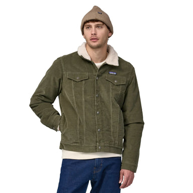Patagonia Men's Pile-Lined Trucker Jacket in basin green, on model front view
