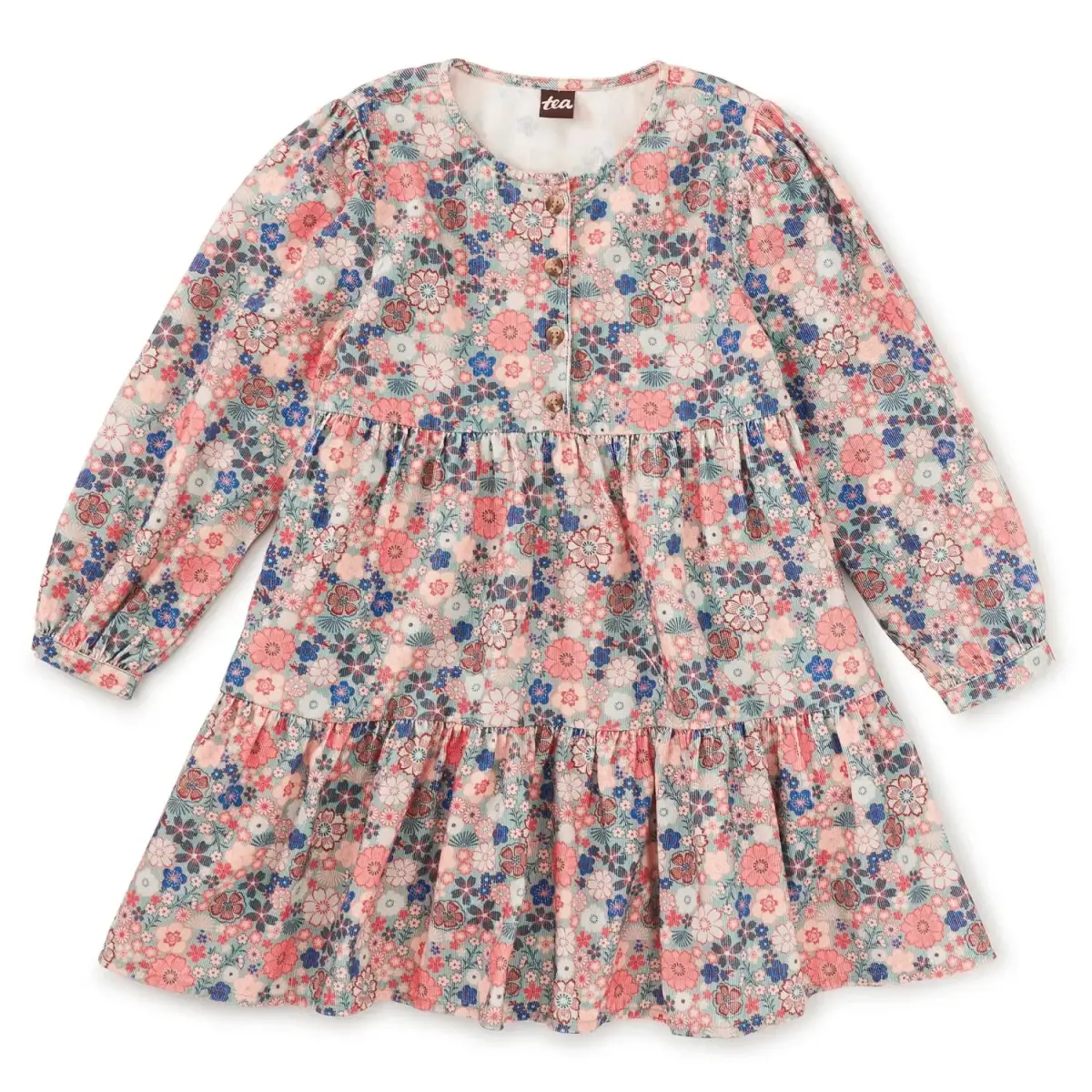 Tea Collection Girl's Corduroy Henley Shirtdress in japanese mini floral, flat front view