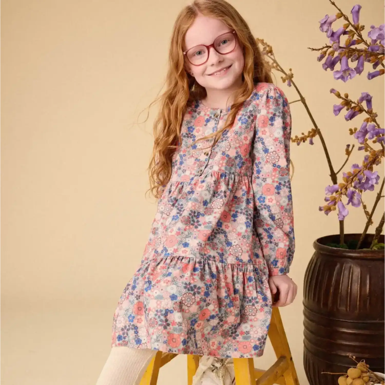 Tea Collection Girl's Corduroy Henley Shirtdress in japanese mini floral, on model front view