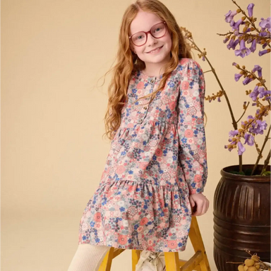 Tea Collection Girl's Corduroy Henley Shirtdress in japanese mini floral, on model front view