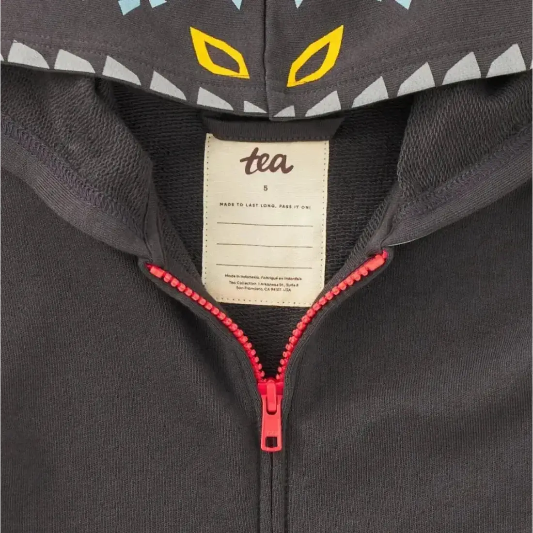 Tea Collection Boy's Dragon Hood Easy Fit Hoodie in pepper, tag detail