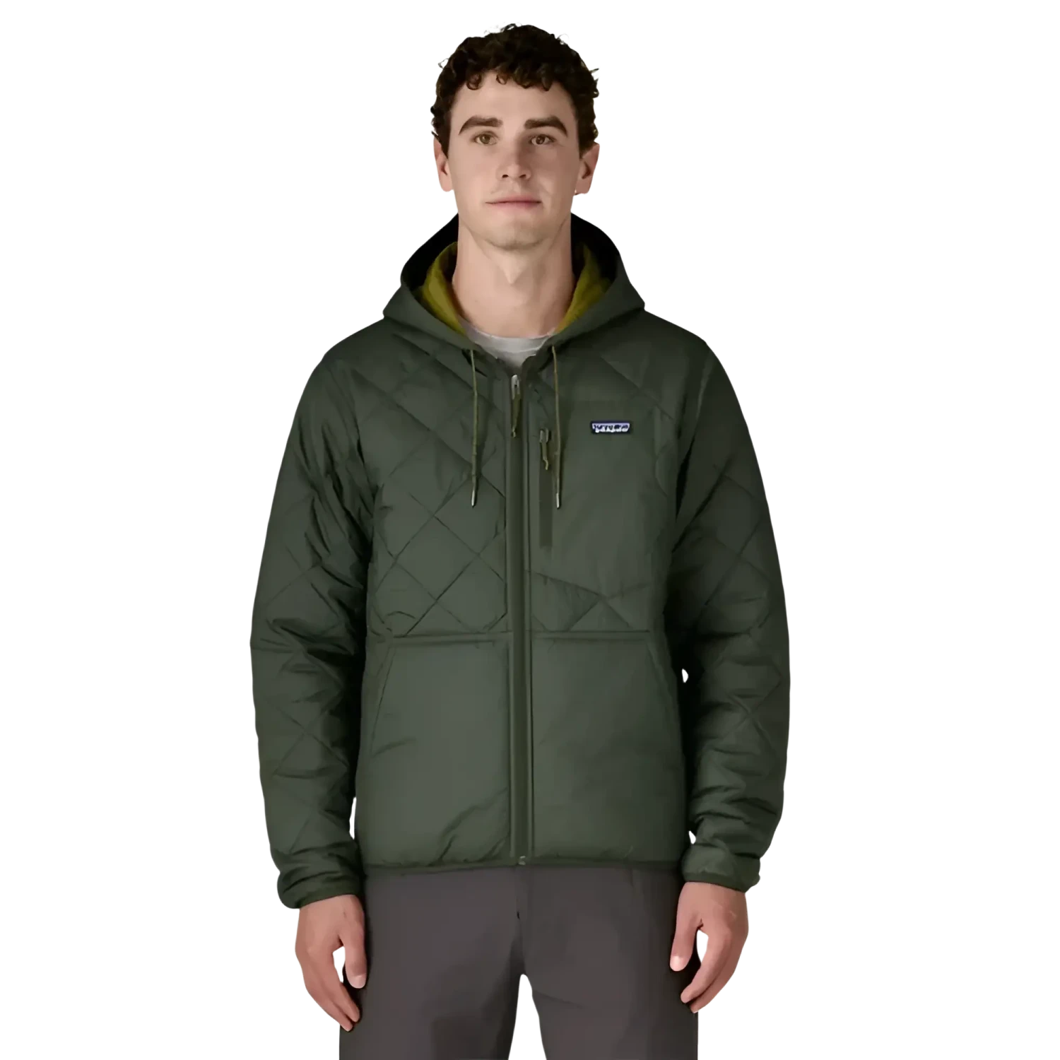 Patagonia Men's Diamond Quilted Bomber Hoody in old growth green, on model front view