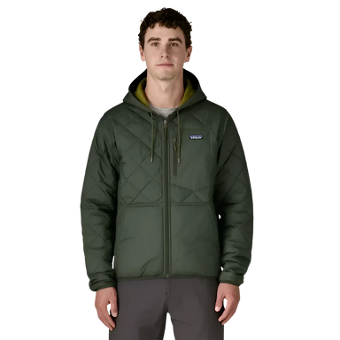 Patagonia Men's Diamond Quilted Bomber Hoody in old growth green, on model front view