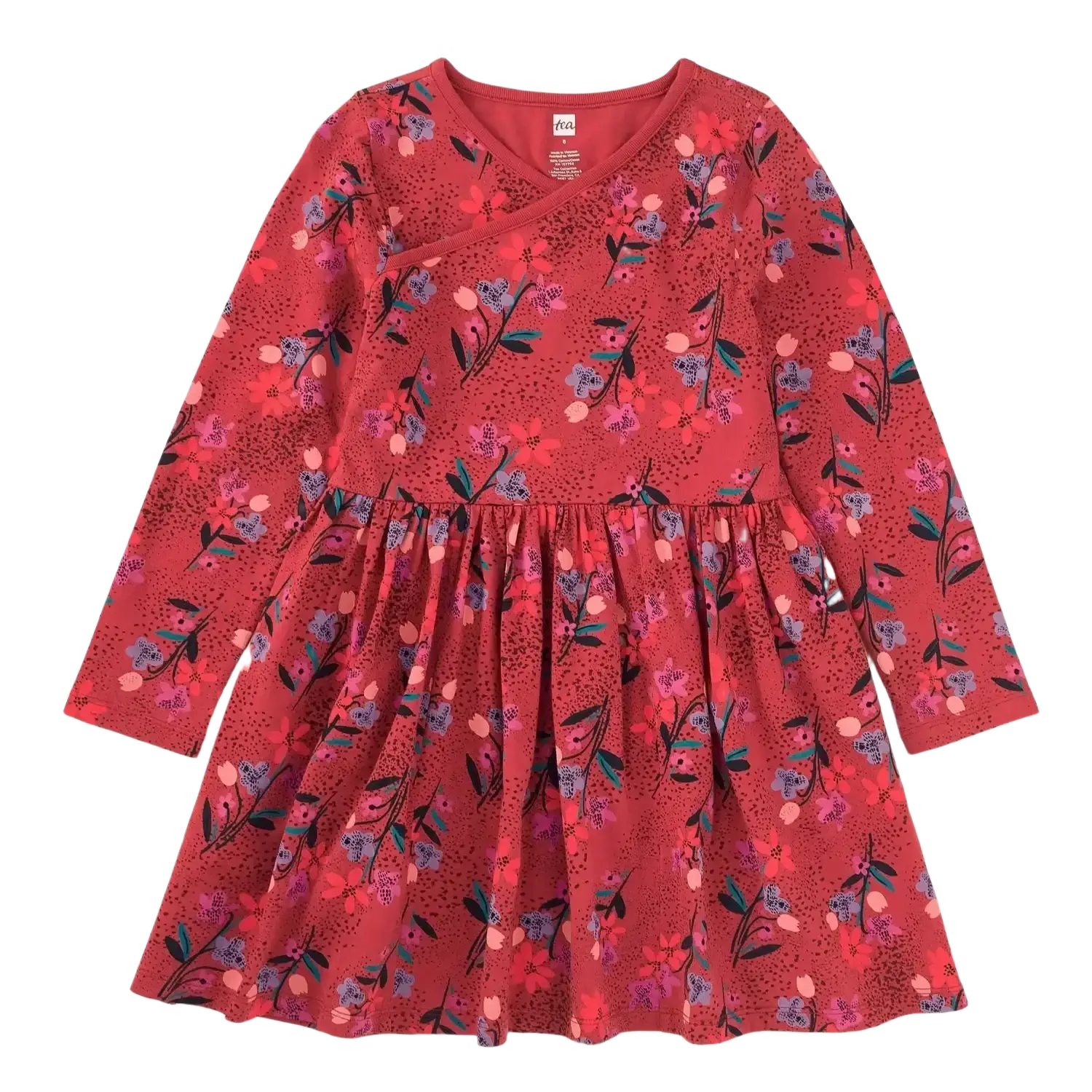 Tea Collection Girl's Long Sleeve Wrap Neck Dress in vintage french flowers, flat front view