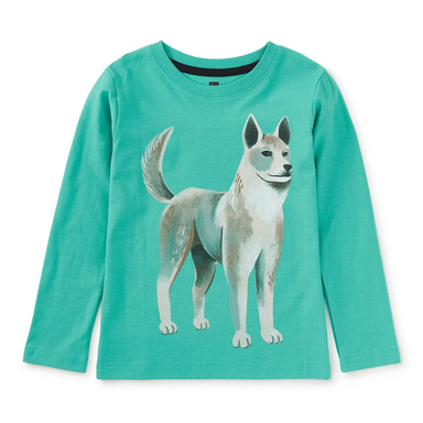 Tea Collection Boy's Korean Jindo Dog Graphic Tee in glaze blue, flat front view