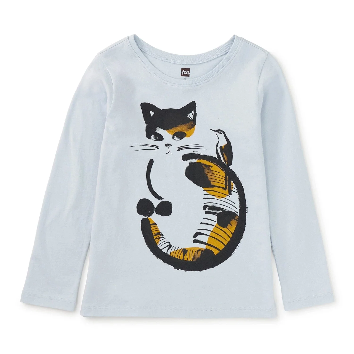 Tea Collection Girl's Ink Wash Kitty Graphic Tee in ice, flat front view