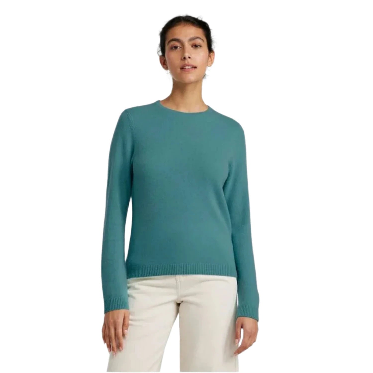 L.L. Bean Women's Classic Cashmere Crewneck in storm Teal on model front