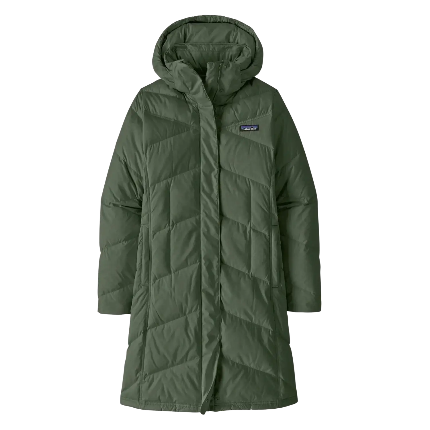 Patagonia Women's Down With It Parka in old growth green, flat front view
