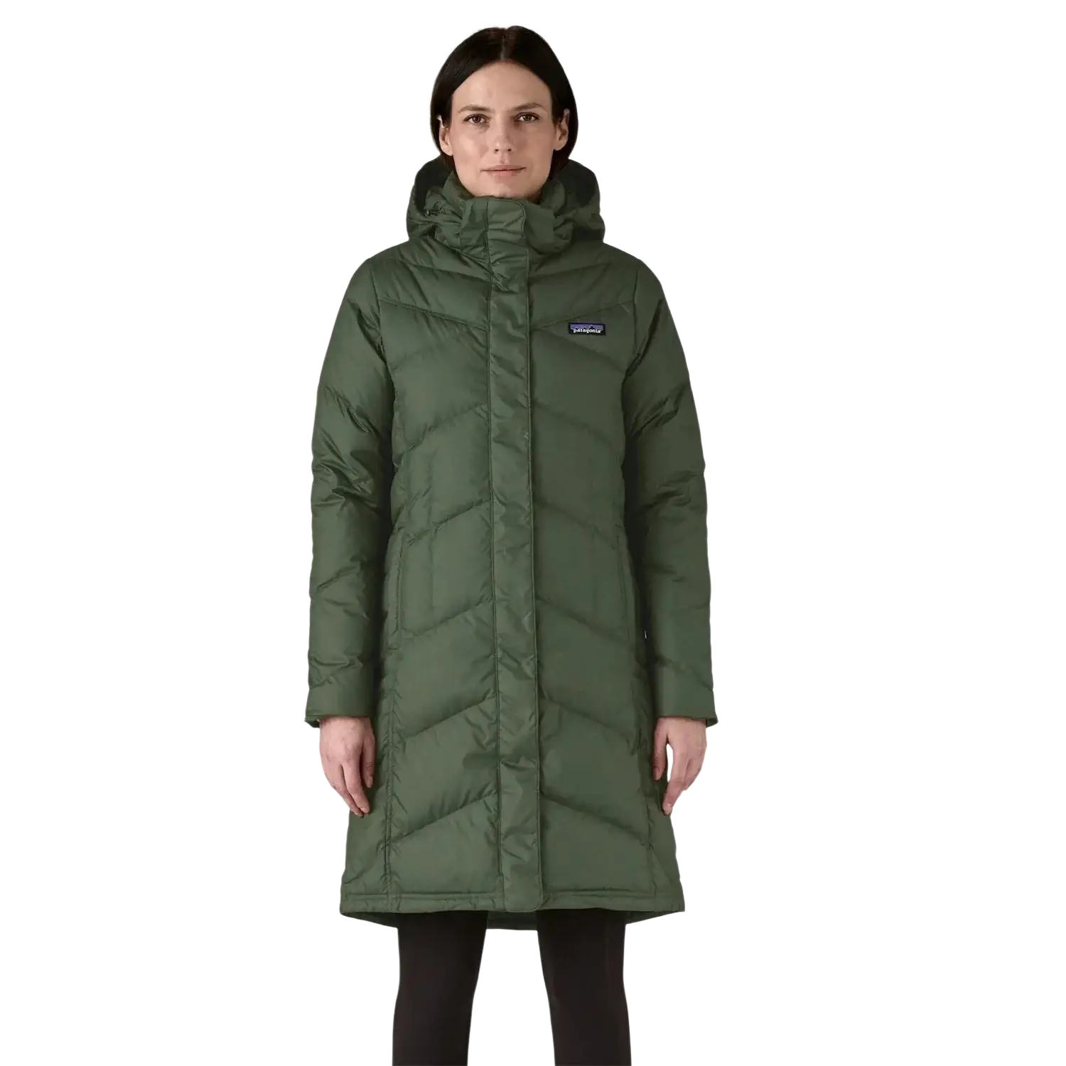 Patagonia Women's Down With It Parka in old growth green, on model front view