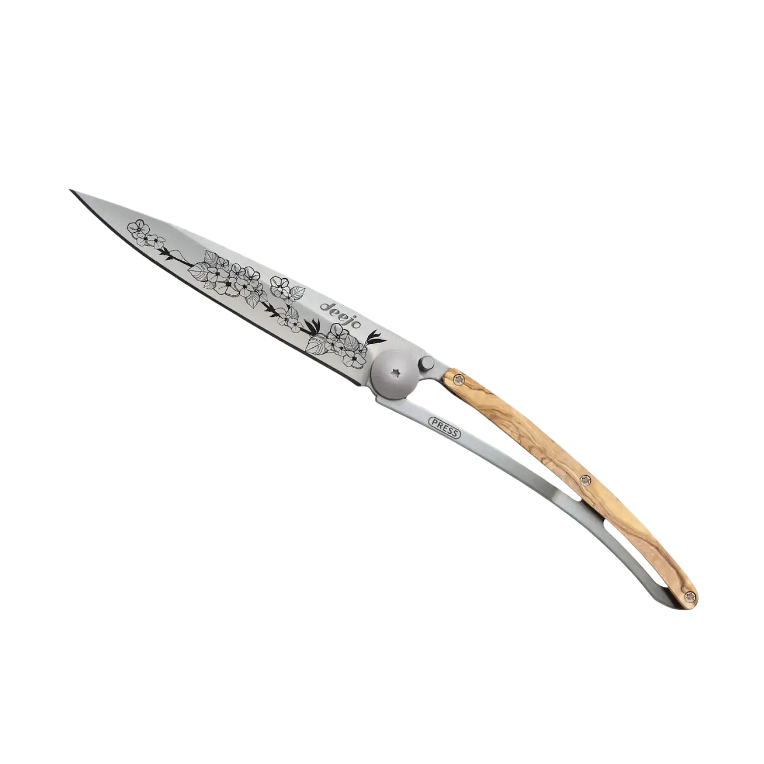 Deejo Cherry Blossom 27g Knife in olive wood, open side view