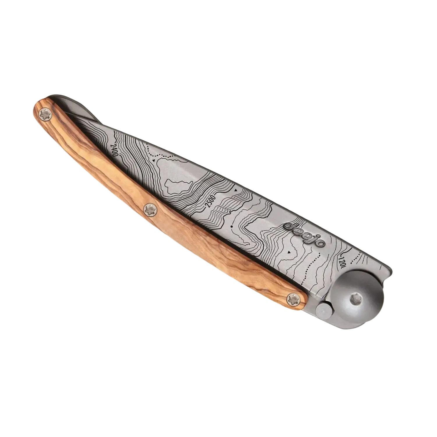 Deejo Topo Knife 27g in olive wood and silver, closed side view