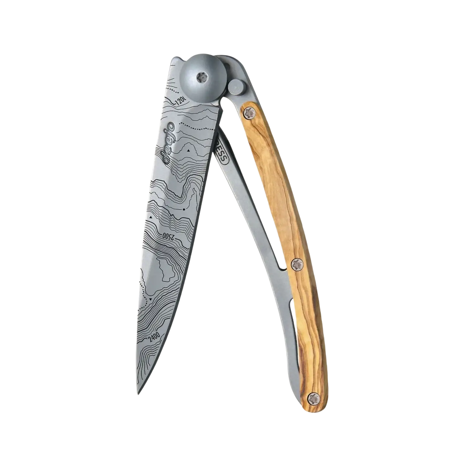 Deejo Topo Knife 27g in olive wood and silver, folded side view